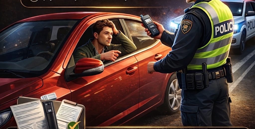 Ilustración de un control de alcoholemia en carretera durante la noche